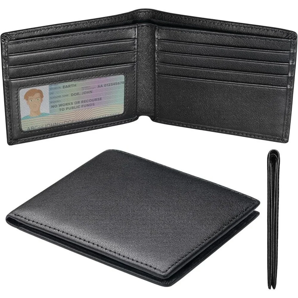 Men's Slim Bifold Wallet Credit Card Black Genuine Leather Blocking Designed